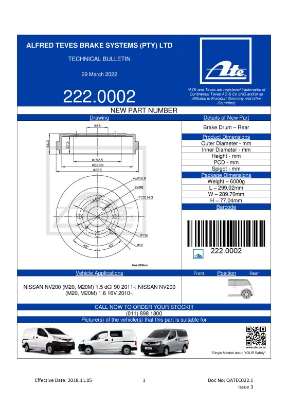 222.0002 NEW! Brake Drum for Nissan NV200 featured image